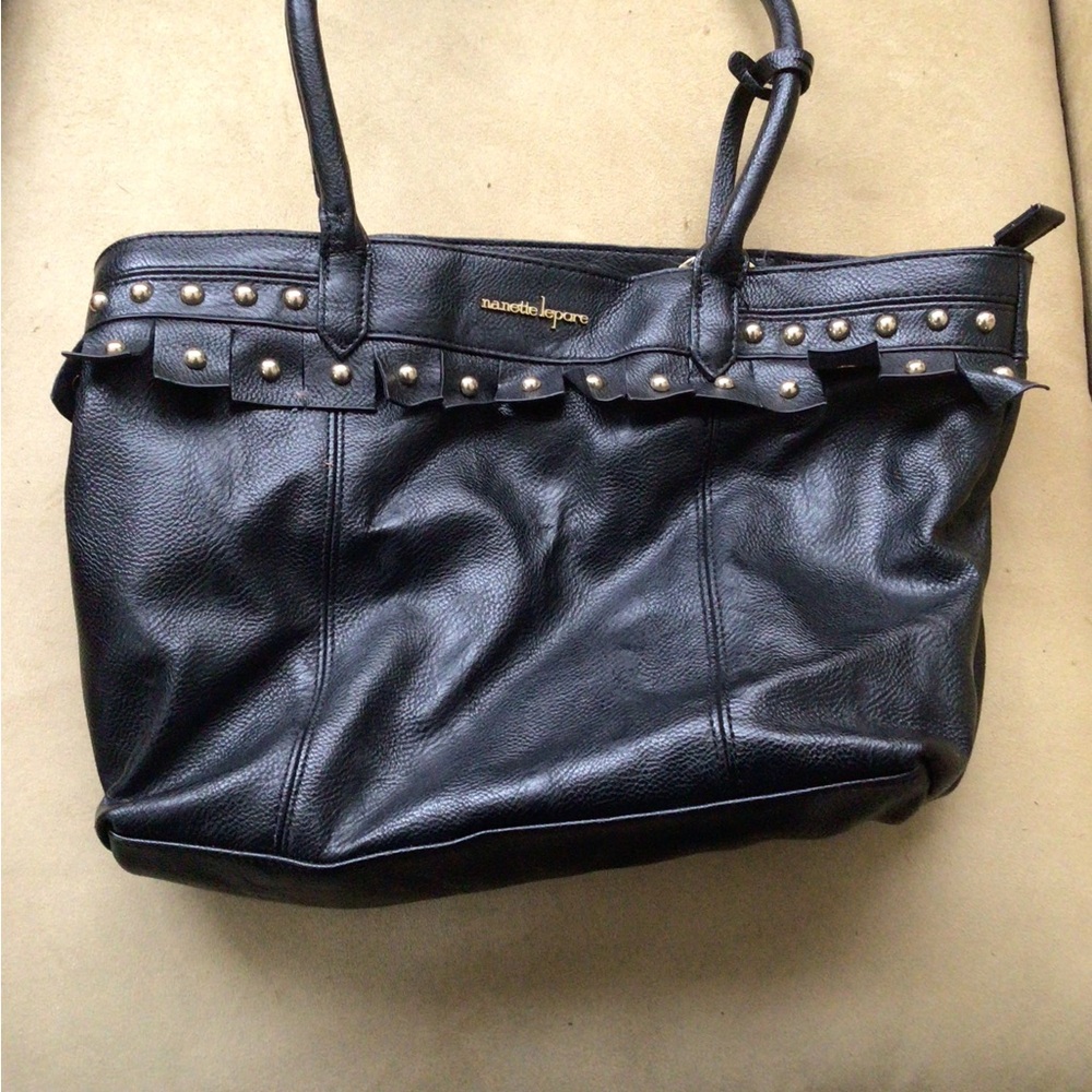 Nanette Lepore Black Leather Tote with Stud Accents